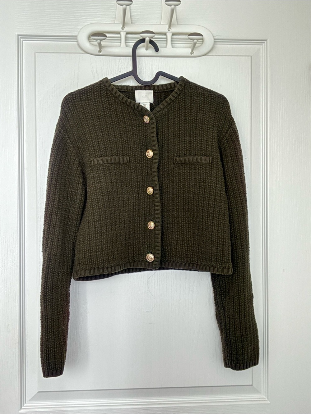 H&M Dark Olive Cropped Knit Cardigan with Gold Buttons